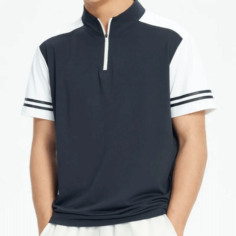 Stylish men's sports polo T-shirt with zipper, SF2162, in black and white with sporty stripes. Perfect for athletic and casual wear.